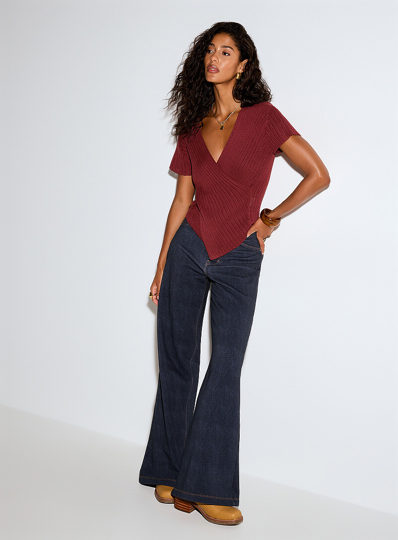 Terry-Sided Faux-Denim Wide-Leg Pant