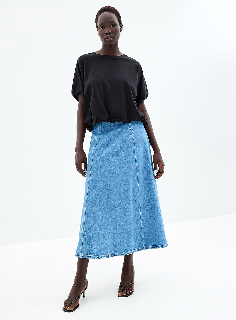 Vertical Cutouts Denim Midi Skirt