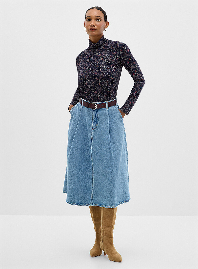 Pleated flared denim midi skirt product image (primary)