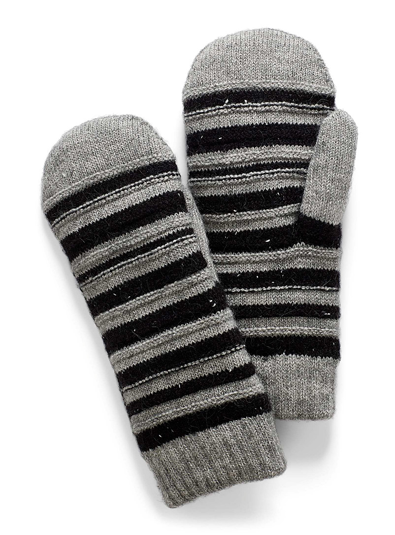 Simons Patterned Black Chenille-lined knit stripe mittens for women
