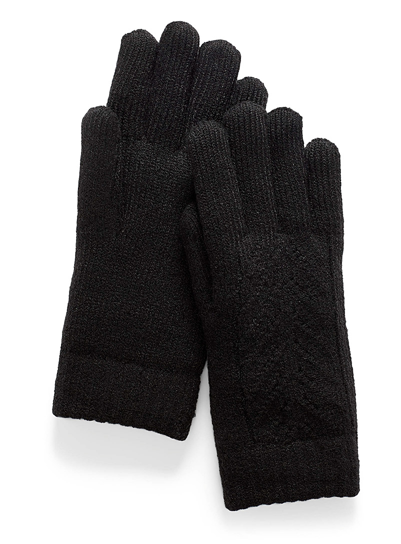 Simons Black Chenille-lined pointelle knit gloves for women