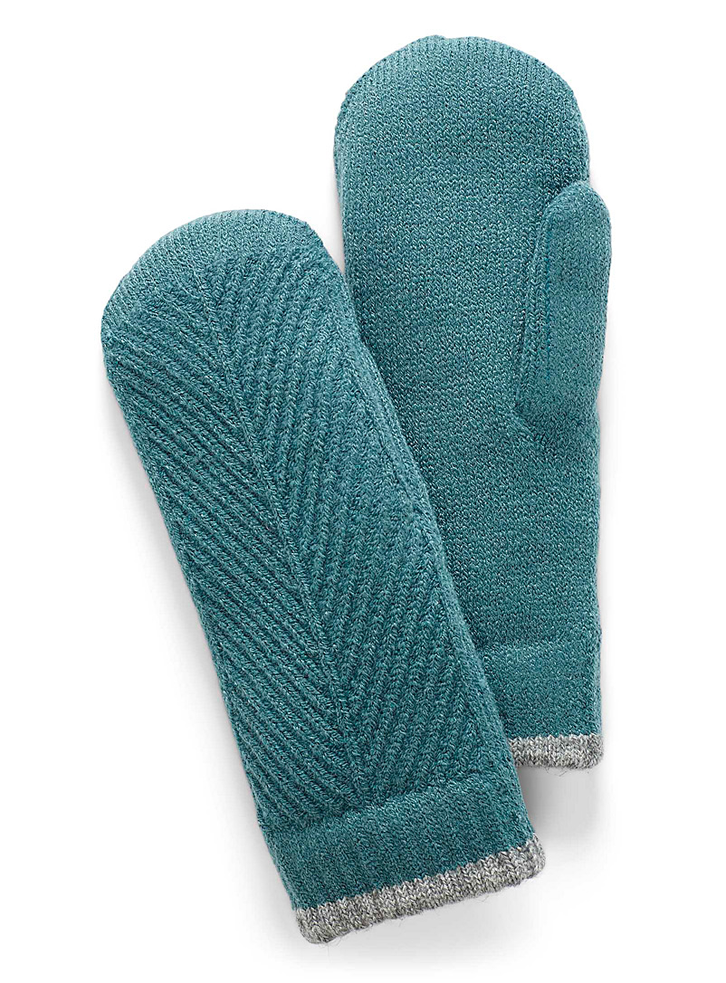 Simons Bottle Green Chenille-lined ribbed knit mittens for women