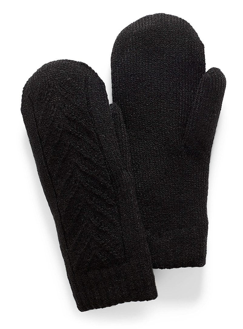 Simons Black Chenille-lined pointelle knit mittens for women