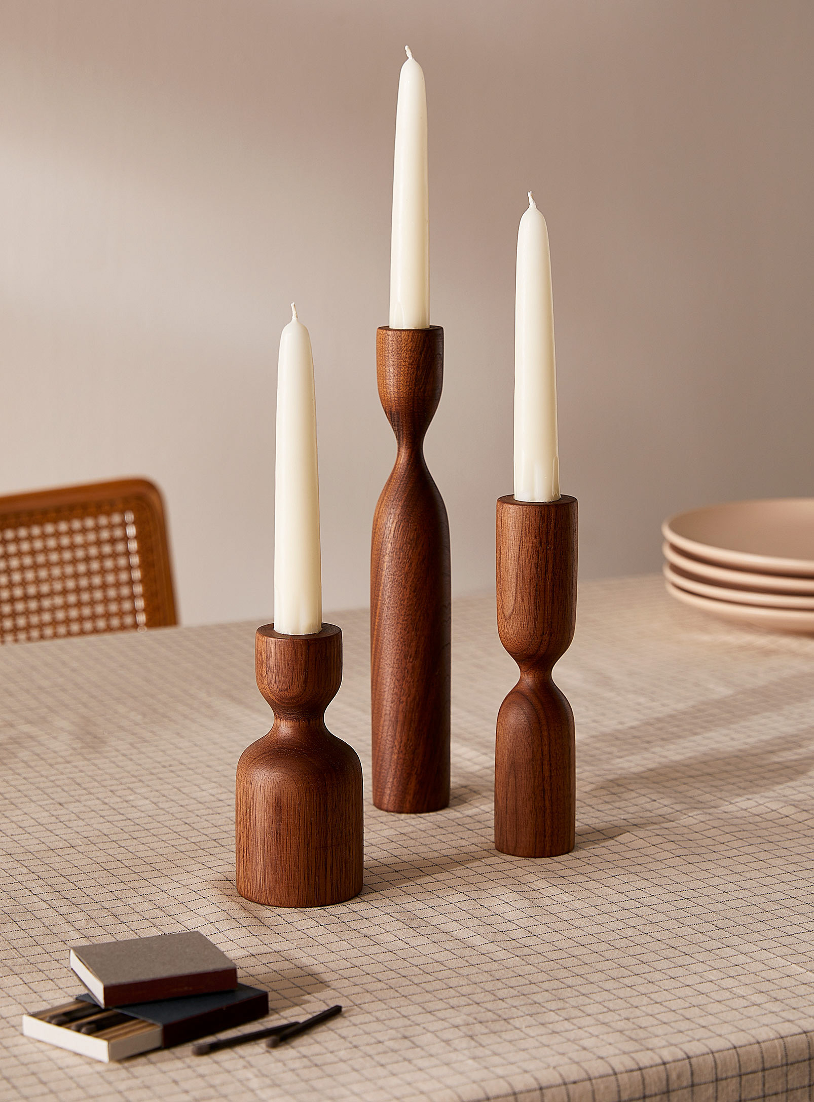 La Fabrique Déco Scandinavian Walnut Candlestick Set With Candles In Dark Brown