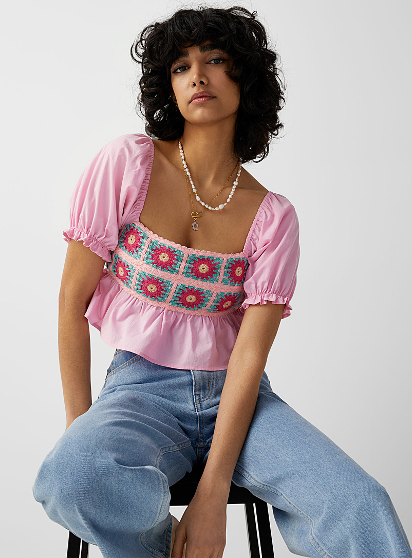 Twik Pink Puff-sleeve crocheted blouse for women