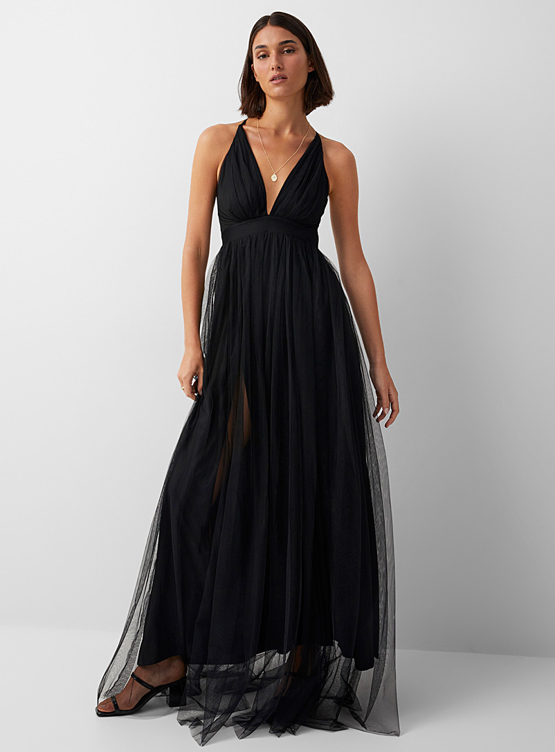 Icône Black Sheer tulle maxi dress for women