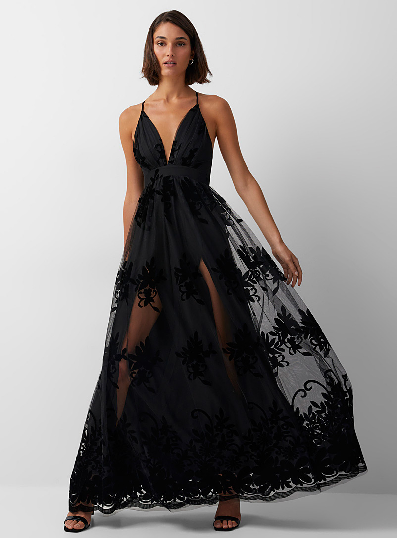 Icône Black Flocked floral tulle maxi dress for women
