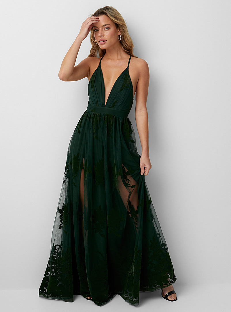 Icône Green Flocked floral tulle maxi dress for women