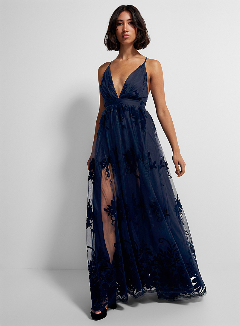 Icône: La robe maxi tulle fleurs veloutées Bleu pour femme