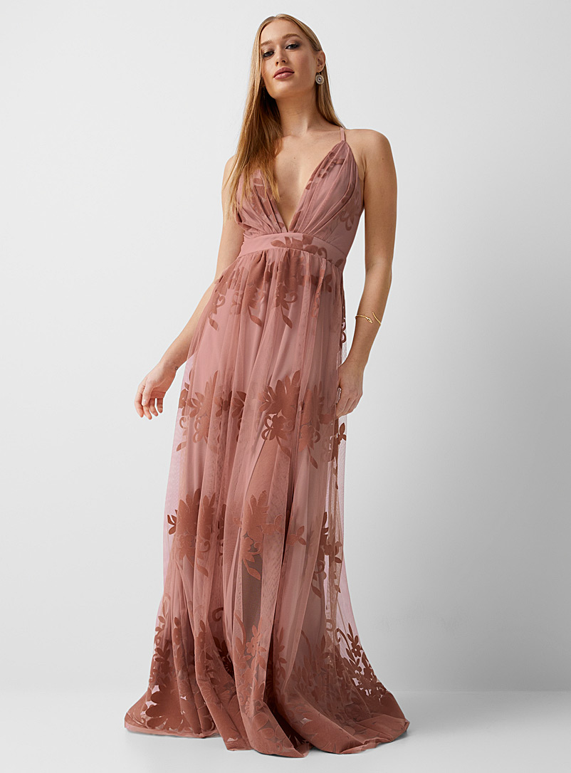 Icône Dusky Pink Flocked floral tulle maxi dress for women
