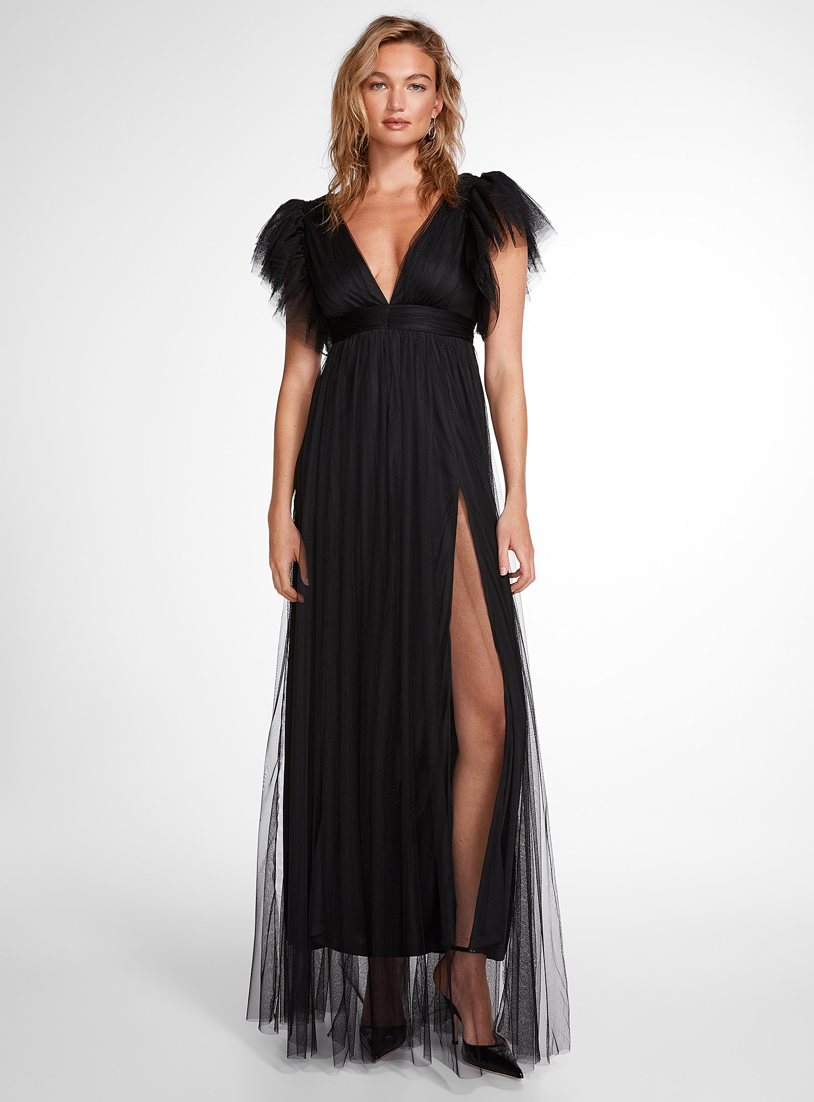 Icône - Women's Plunging V-neck tulle maxi dress