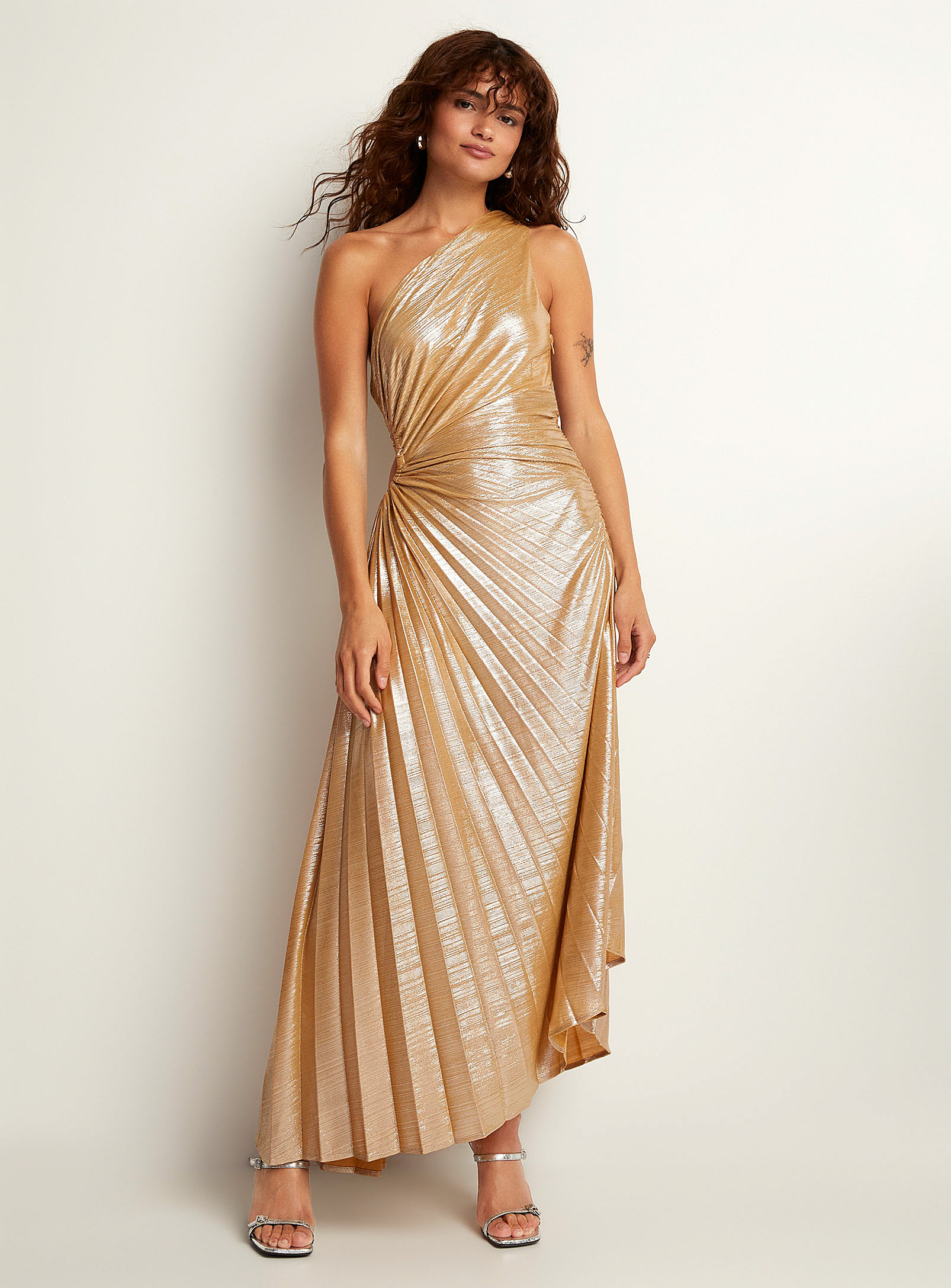 Icone Gathered Cutout Single-strap Golden Dress In Golden Yellow