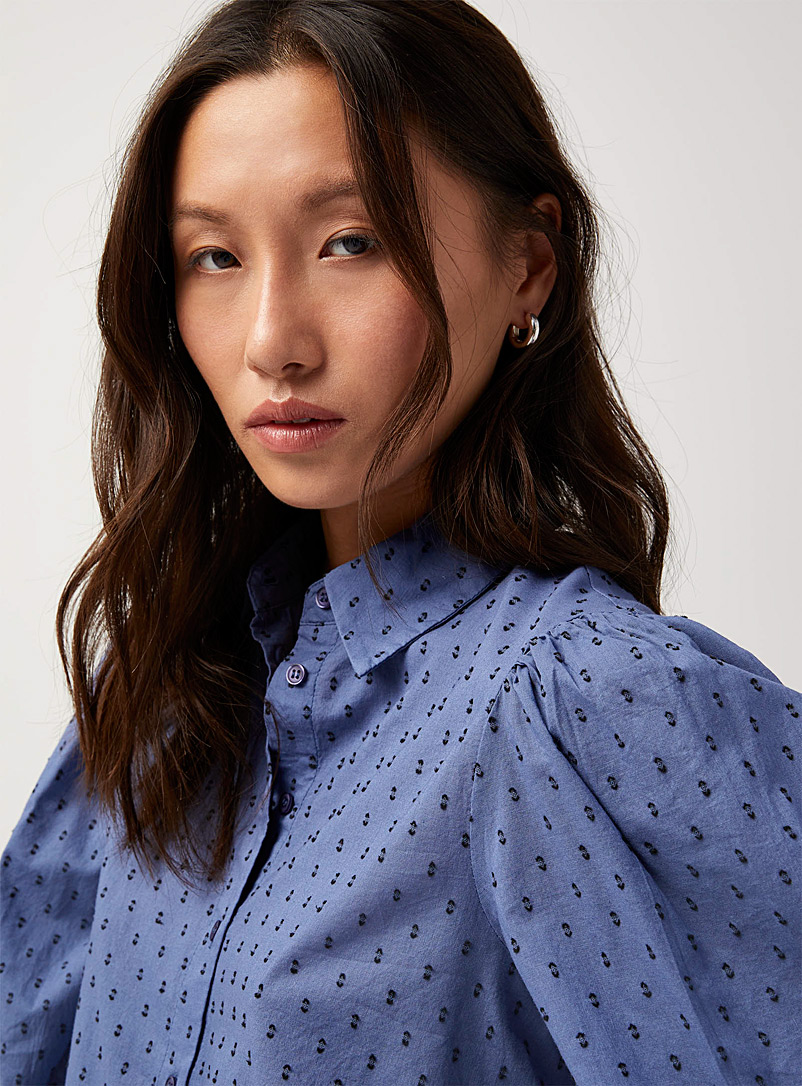 Soaked in Luxury Blue Inna puff-sleeve Swiss dot shirt for women