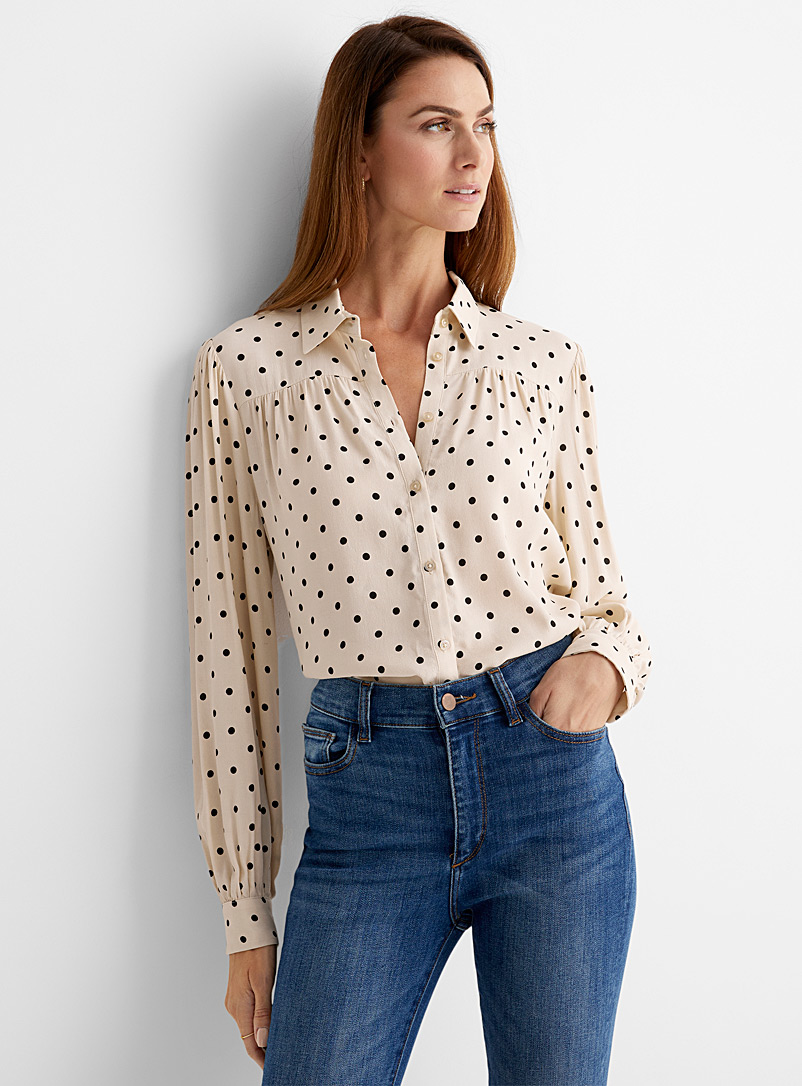 Soaked in Luxury Cream Beige Contrasting polka dot blouse for women