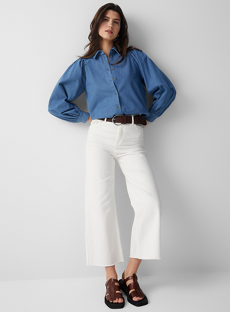 Soaked in Luxury Blue Puff-sleeve denim shirt for women