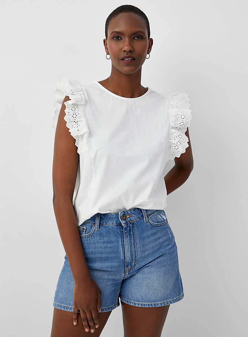 Soaked in Luxury White Susan embroidered ruffles T-shirt for women
