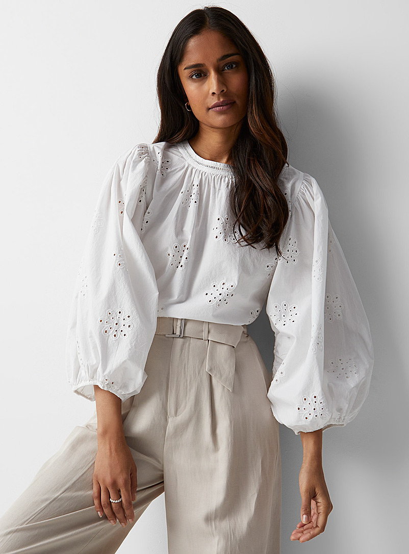 Soaked in Luxury White Fern embroidered flowers puff-sleeve blouse for women