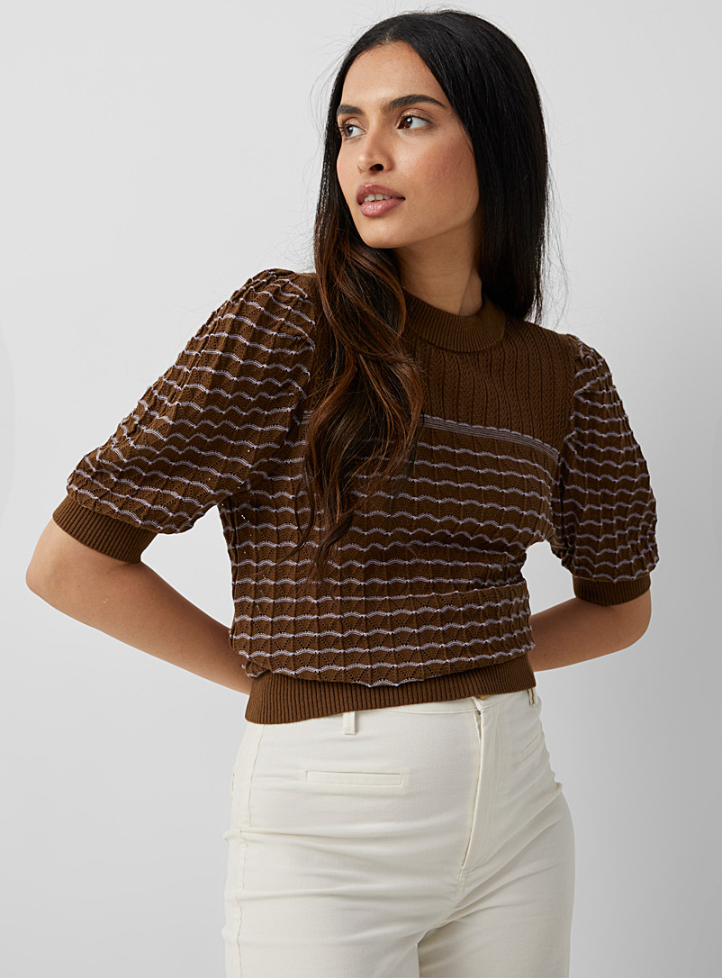 Soaked in Luxury Dark Brown Lilac stripe openwork sweater for women