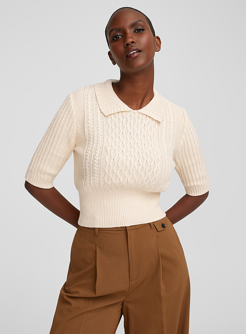 Soaked in Luxury Cream Beige Keely cable-knit polo sweater for women