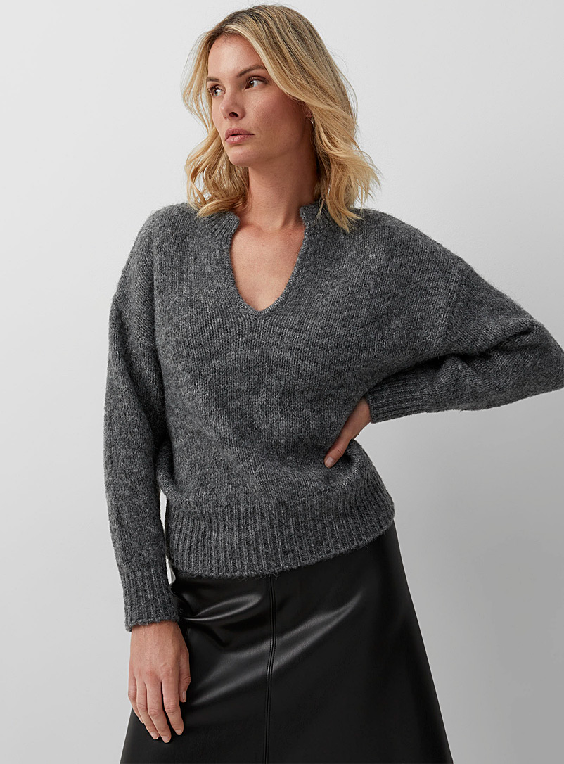 Soaked in Luxury Charcoal Connery brushed knit V-neck sweater for women