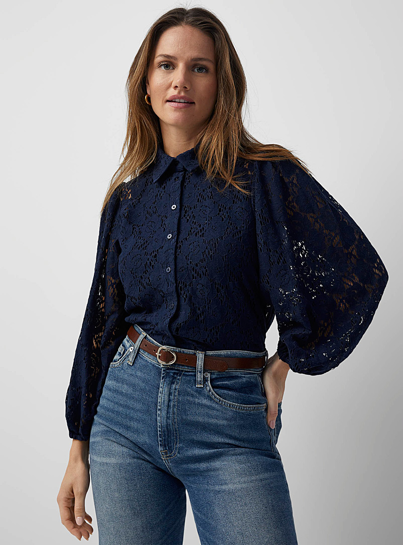 Soaked in Luxury Marine Blue Stefani puff-sleeve lace shirt for women