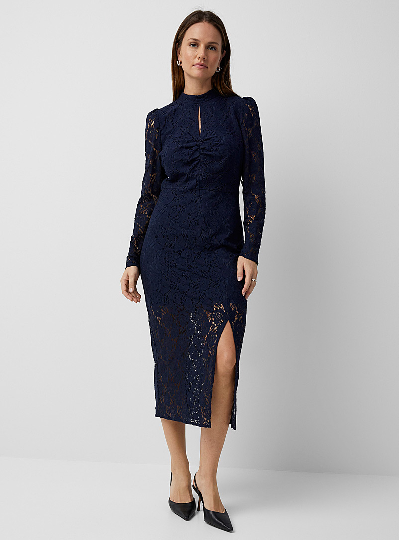 Soaked in Luxury Marine Blue Wela slit collar lace dress for women