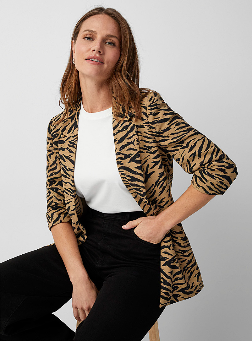 Soaked in Luxury Patterned Black Shirley gathered sleeves tiger print blazer for women