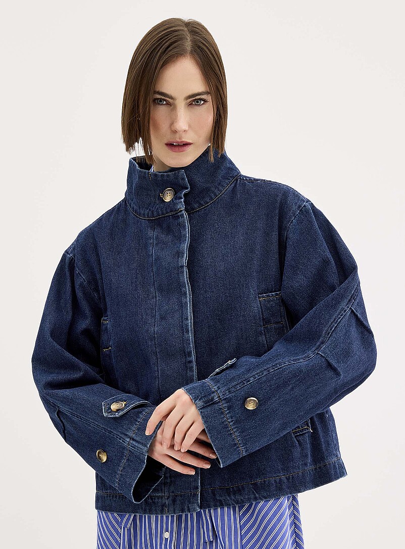 Boxy Jacket Stand collar boxy-fit jean jacket | Soaked in Luxury | Women's Jackets ...