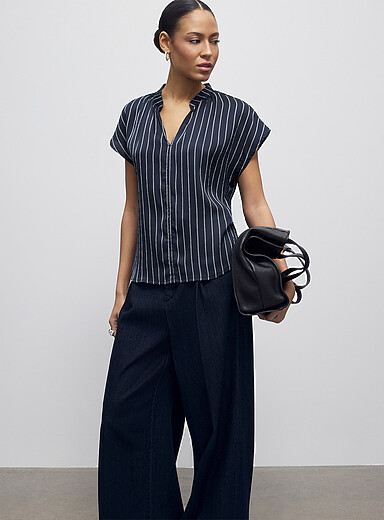 Soaked in Luxury Patterned Blue Ioana striped loose satin blouse for women