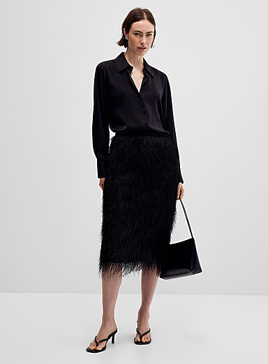 Soaked in Luxury Black Dacre fringed midi skirt for women