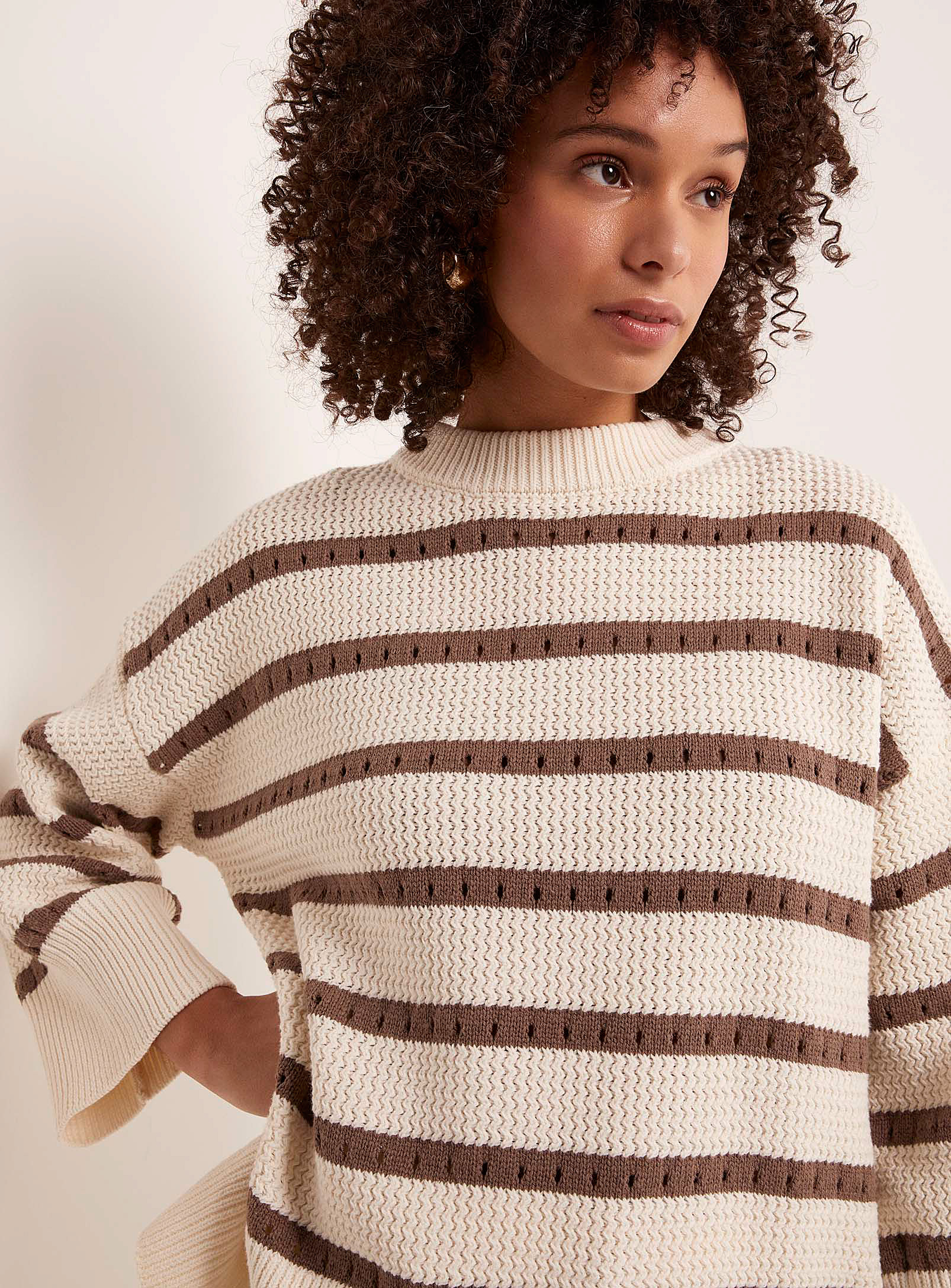 Soaked In Luxury Ravalina Stripes And Textures Sweater In Cream Beige