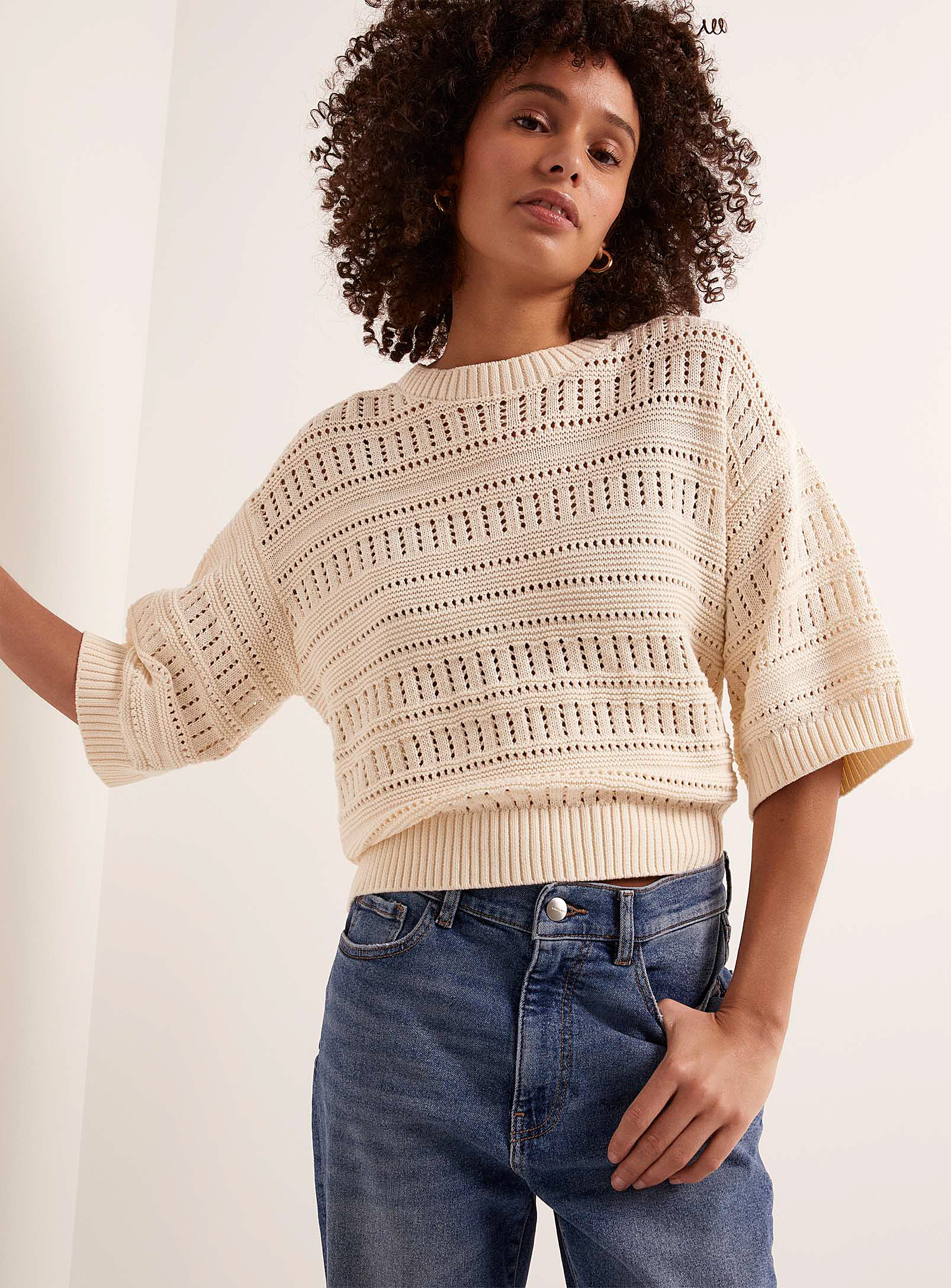 Soaked In Luxury Rava Openwork Stripes Loose Sweater In Ivory White