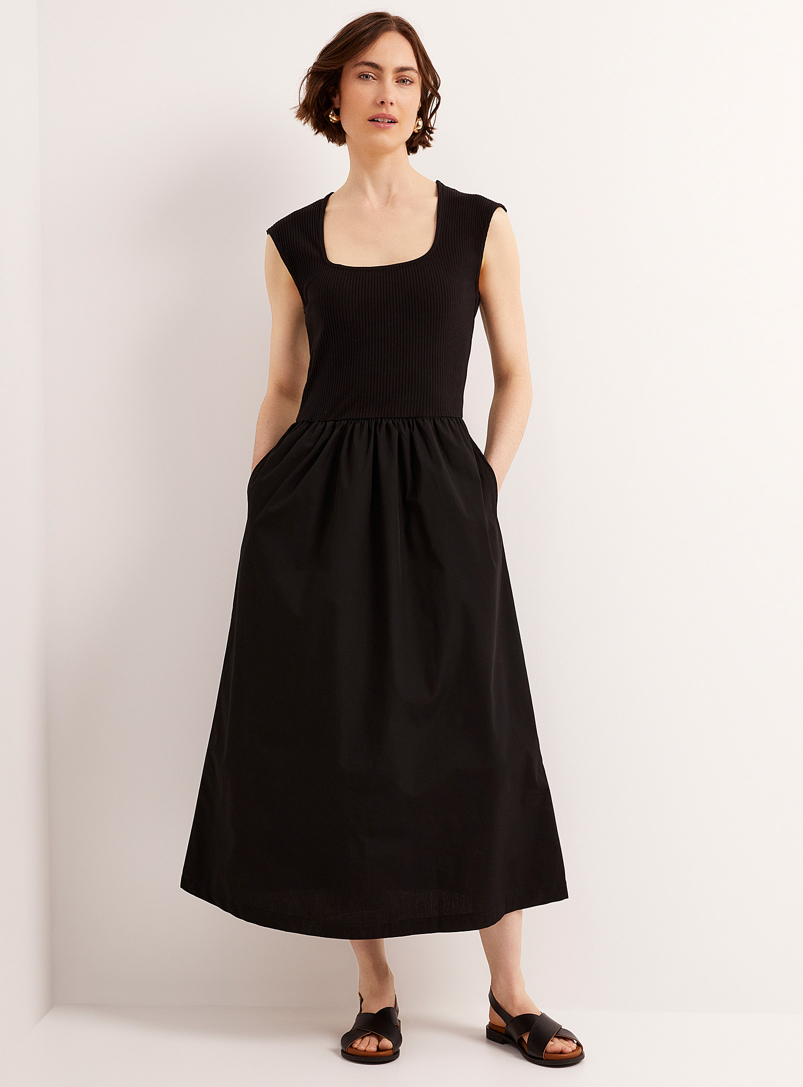 Soaked In Luxury Simone Dual-material Fit-and-flare Dress In Black