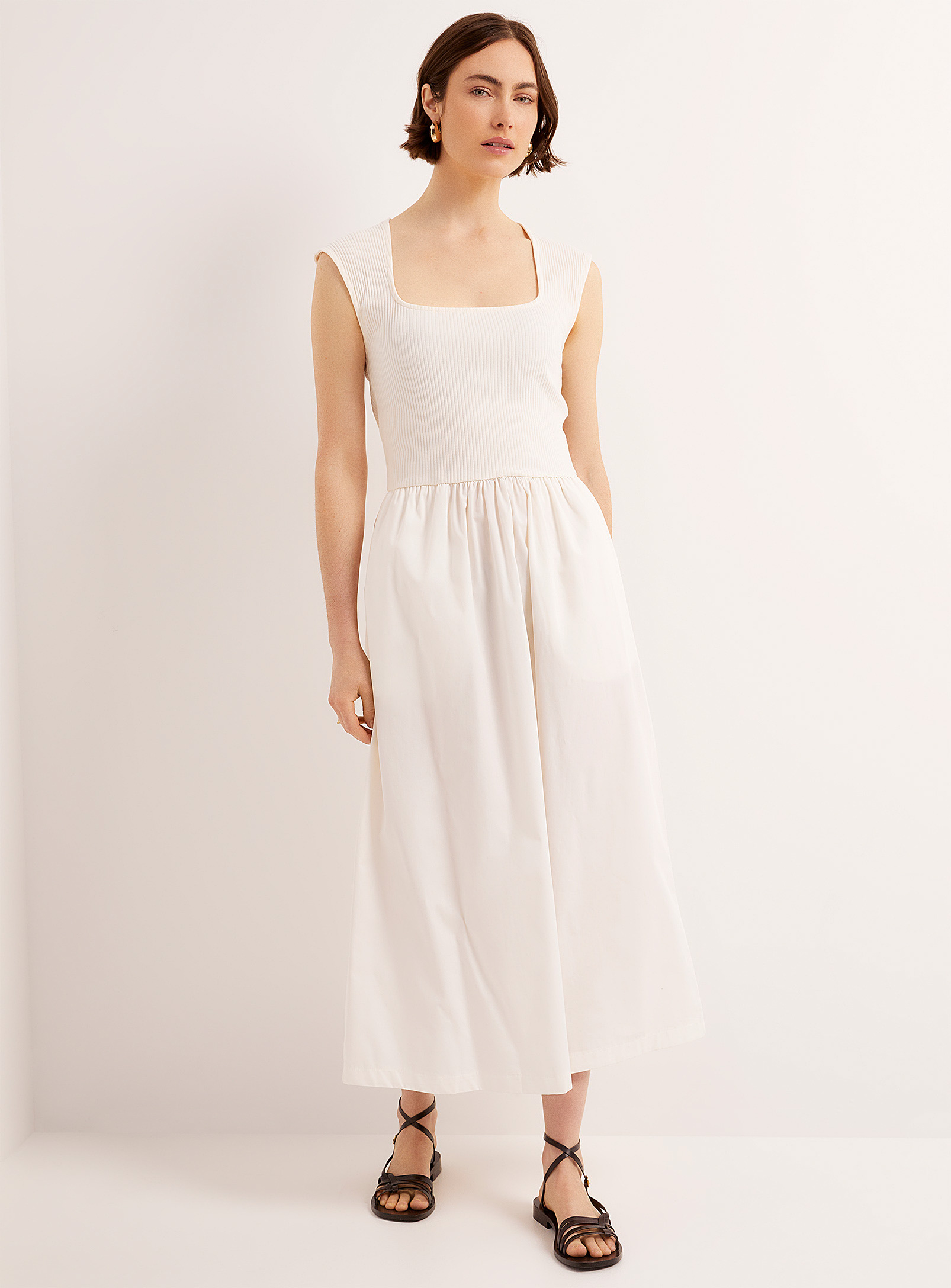 Soaked In Luxury Simone Dual-material Fit-and-flare Dress In Off White