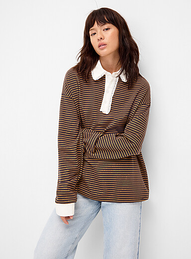 Daisy Street Chocolate/Espresso Mona striped polo T-shirt for women