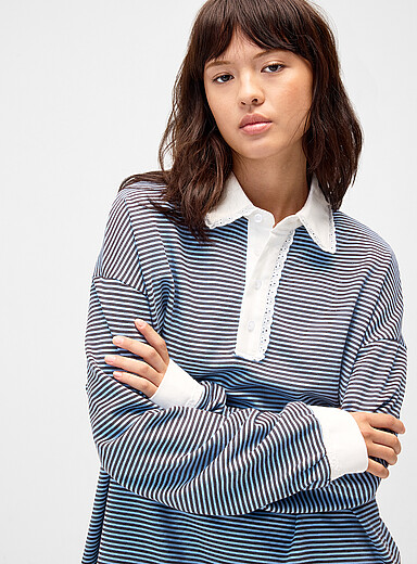 Daisy Street Baby Blue Mona striped polo T-shirt for women