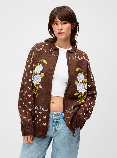 Daisy Street: Le cardigan zipp&eacute; Rosette Brun &agrave; motifs pour femme