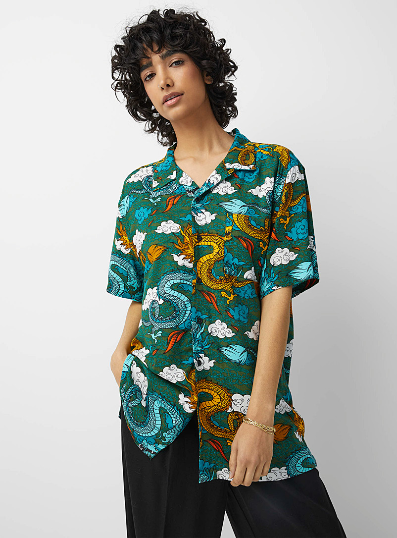 Twik Patterned Green Printed knotted shirt for women
