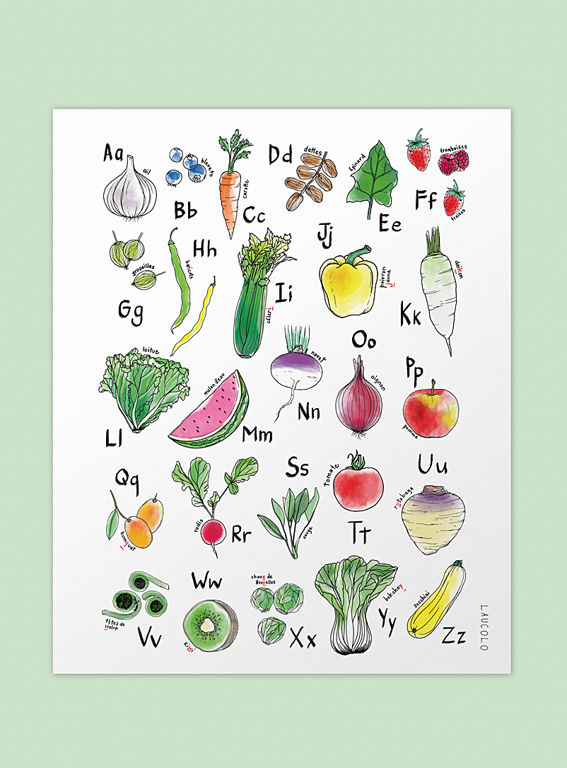 Laucolo: L'affiche Alphabet des fruits et légumes 11 x 14 po Blanc