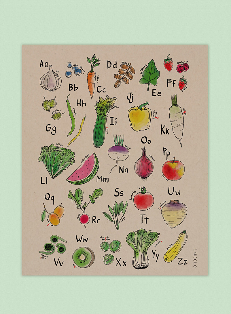 Laucolo White Fruits & veggies alphabet art print 11 x 14 in