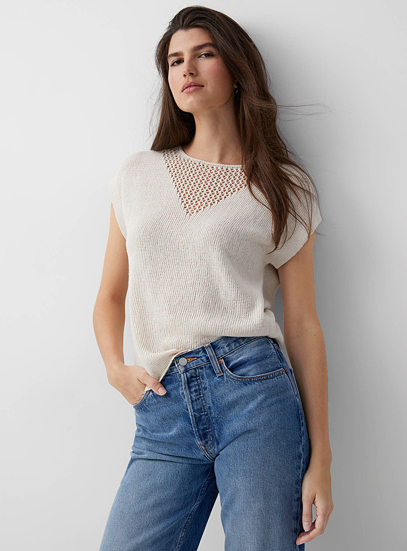 Contemporaine Ecru/Linen Openwork triangle sweater for women