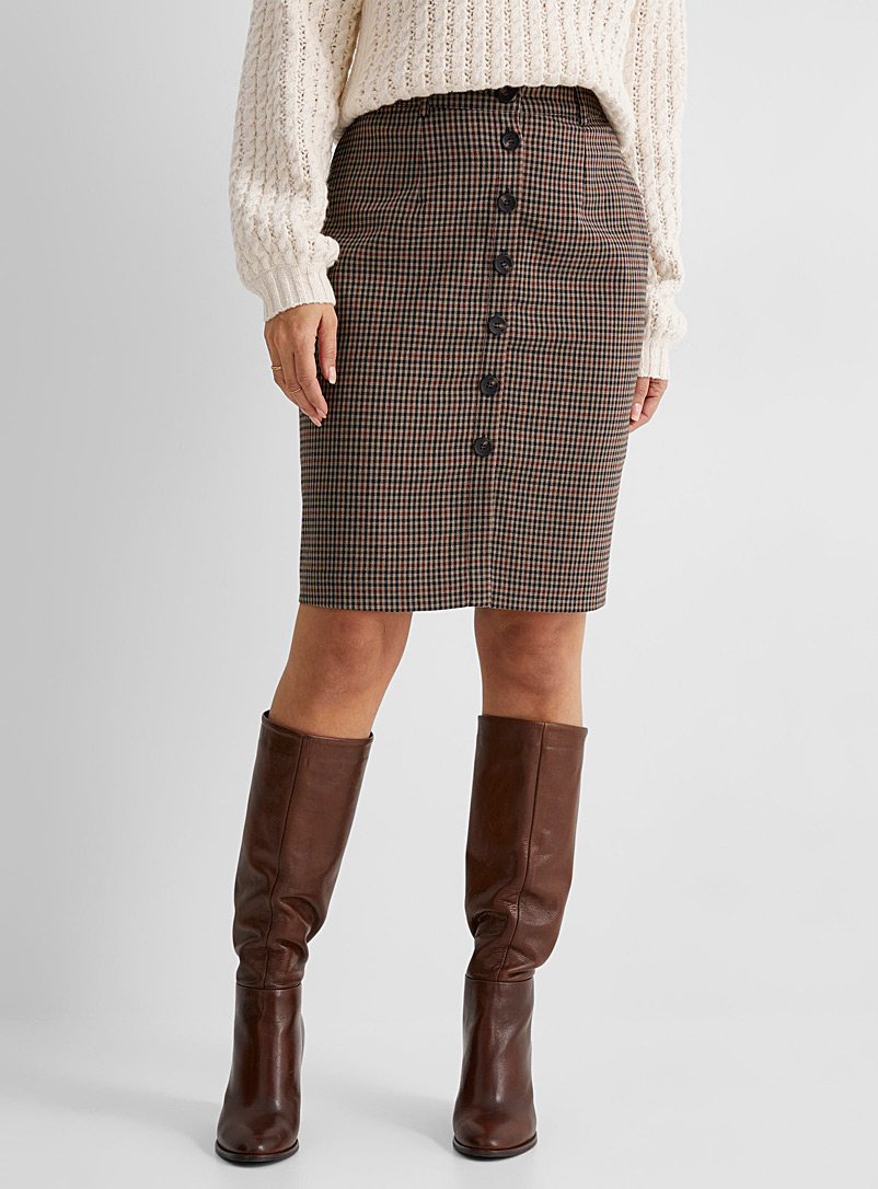 Contemporaine Patterned Brown Mini-check buttoned skirt for women