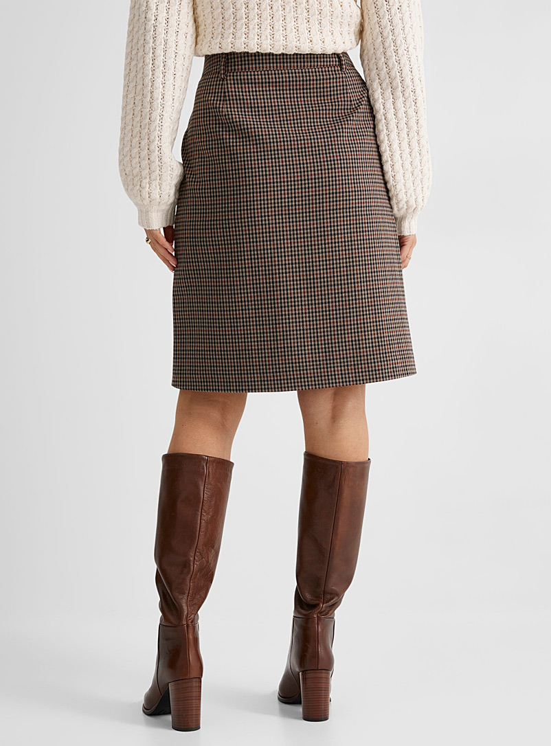 Contemporaine Patterned Brown Mini-check buttoned skirt for women