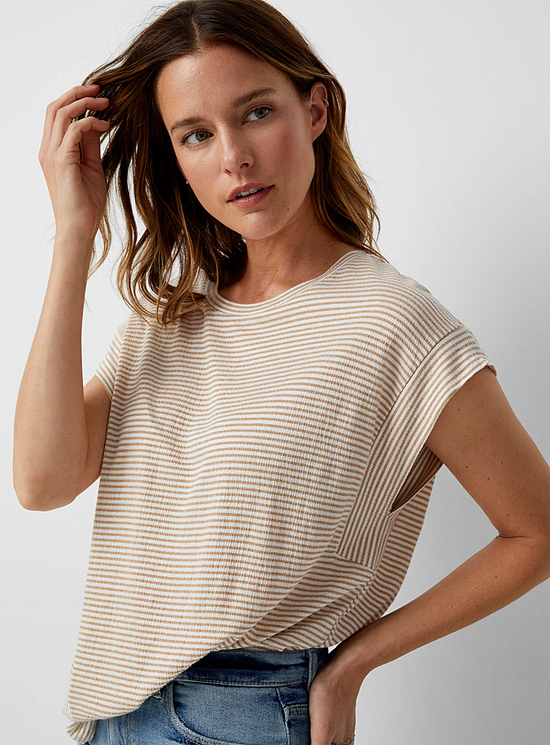 Contemporaine Cream Beige Two-tone stripes textured T-shirt for women