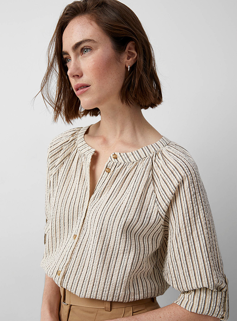 Contemporaine Patterned Ecru Striped waffled raglan shirt for women