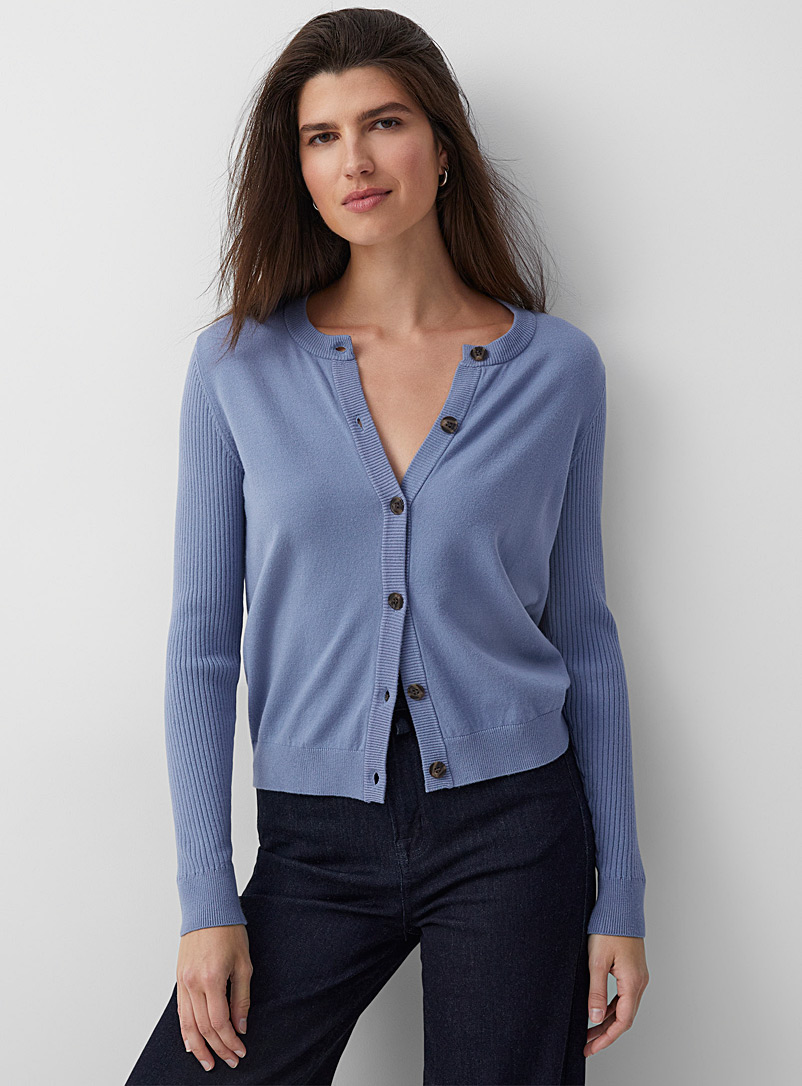 Contemporaine Blue Ribbed-sleeve cardigan for women