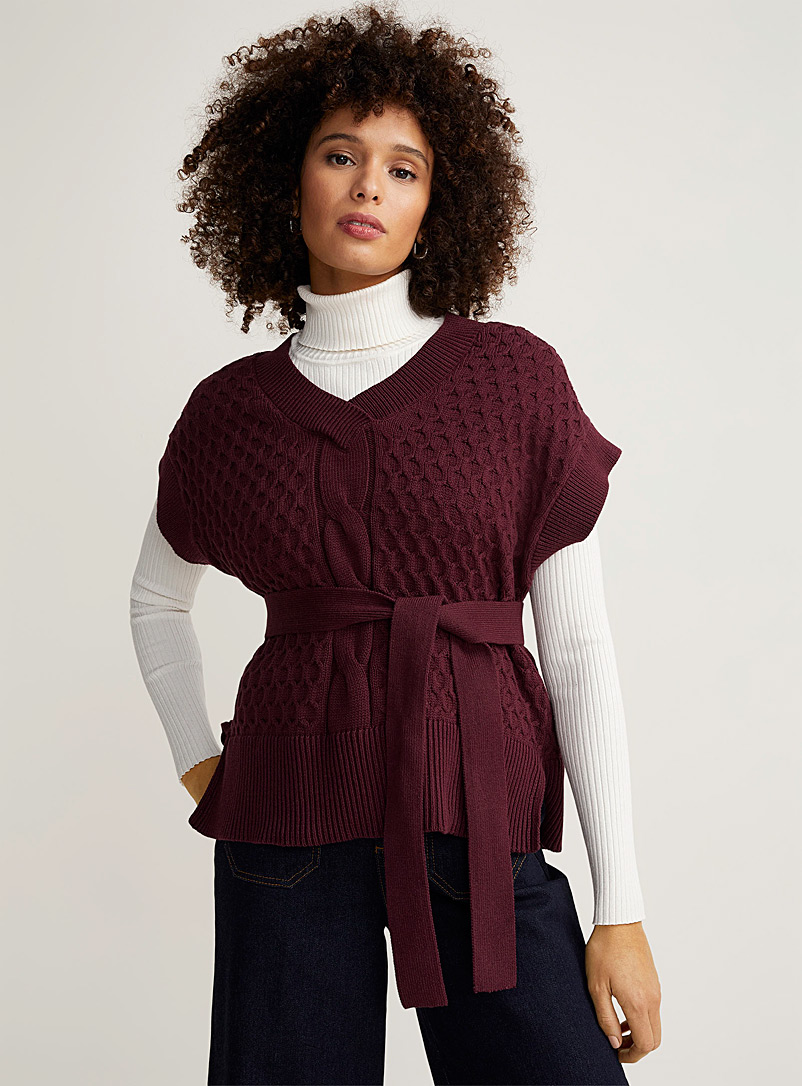Contemporaine Dark Crimson Belted cable-knit sweater vest for women