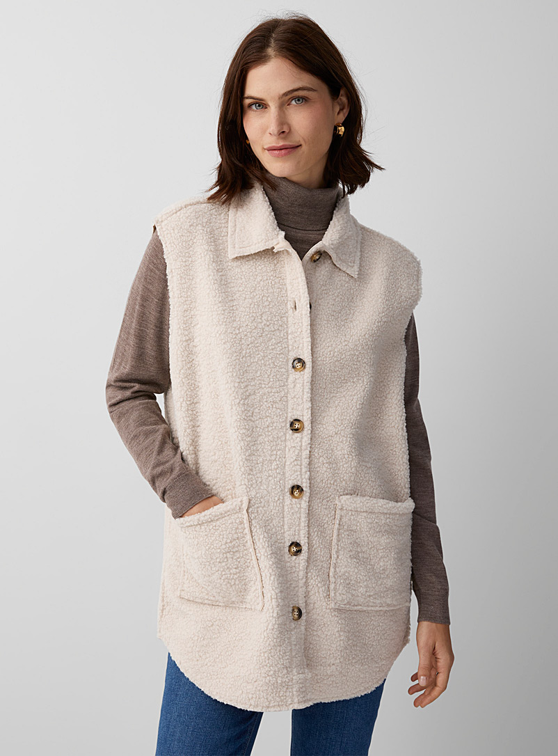 Contemporaine Ivory White Reversible sherpa fleece jacket for women