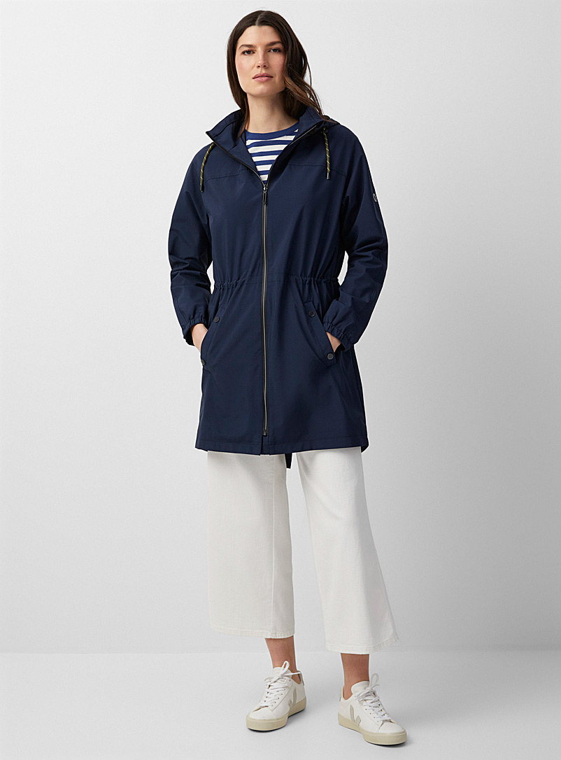 Fransa Marine Blue Removable hood cinched-waist raincoat for women