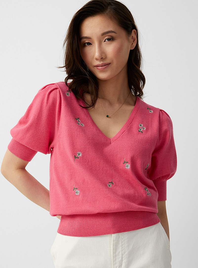 Contemporaine Pink Floral embroidery V-neck sweater for women